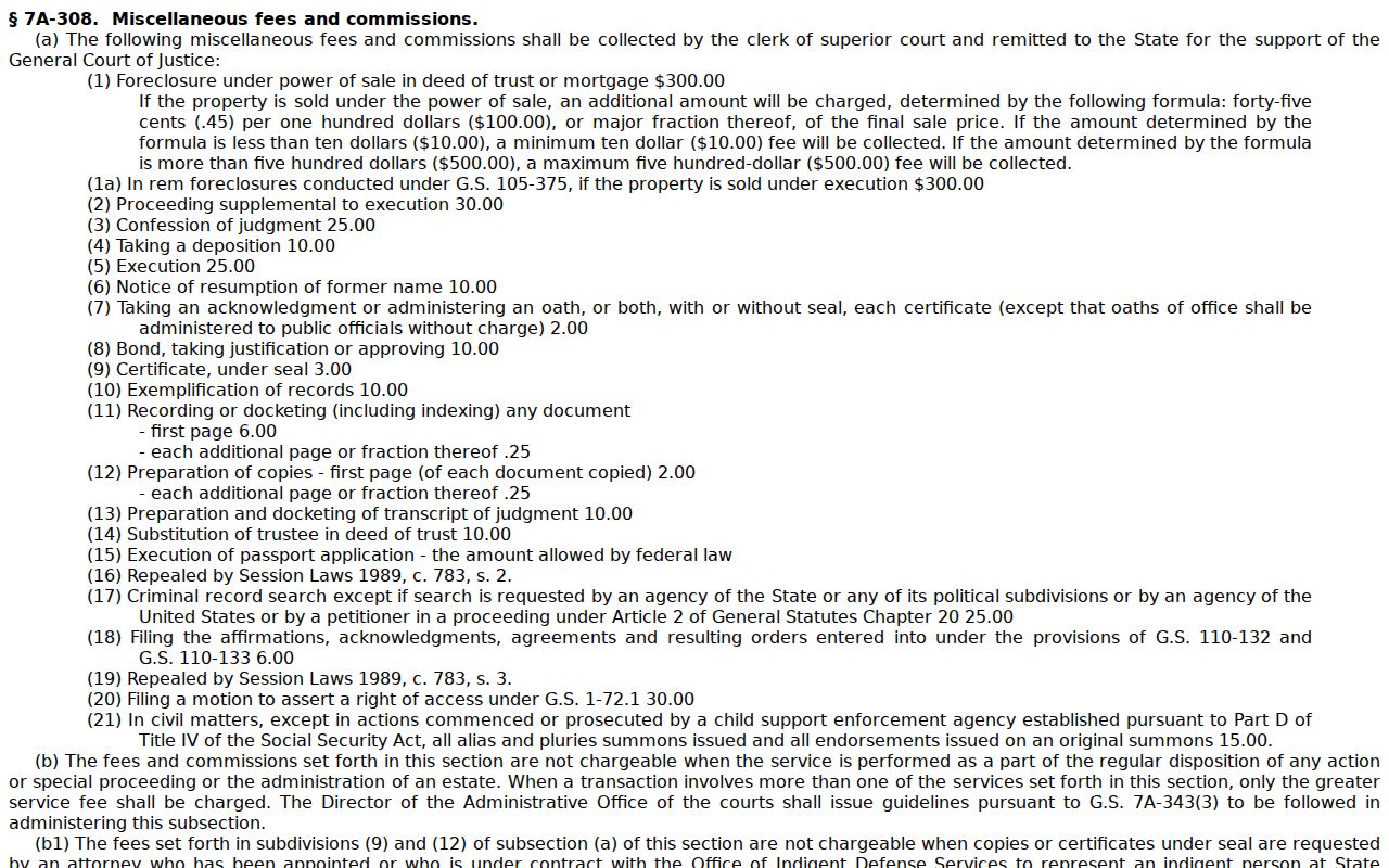 Johnston County court records statutory copy and certification fees